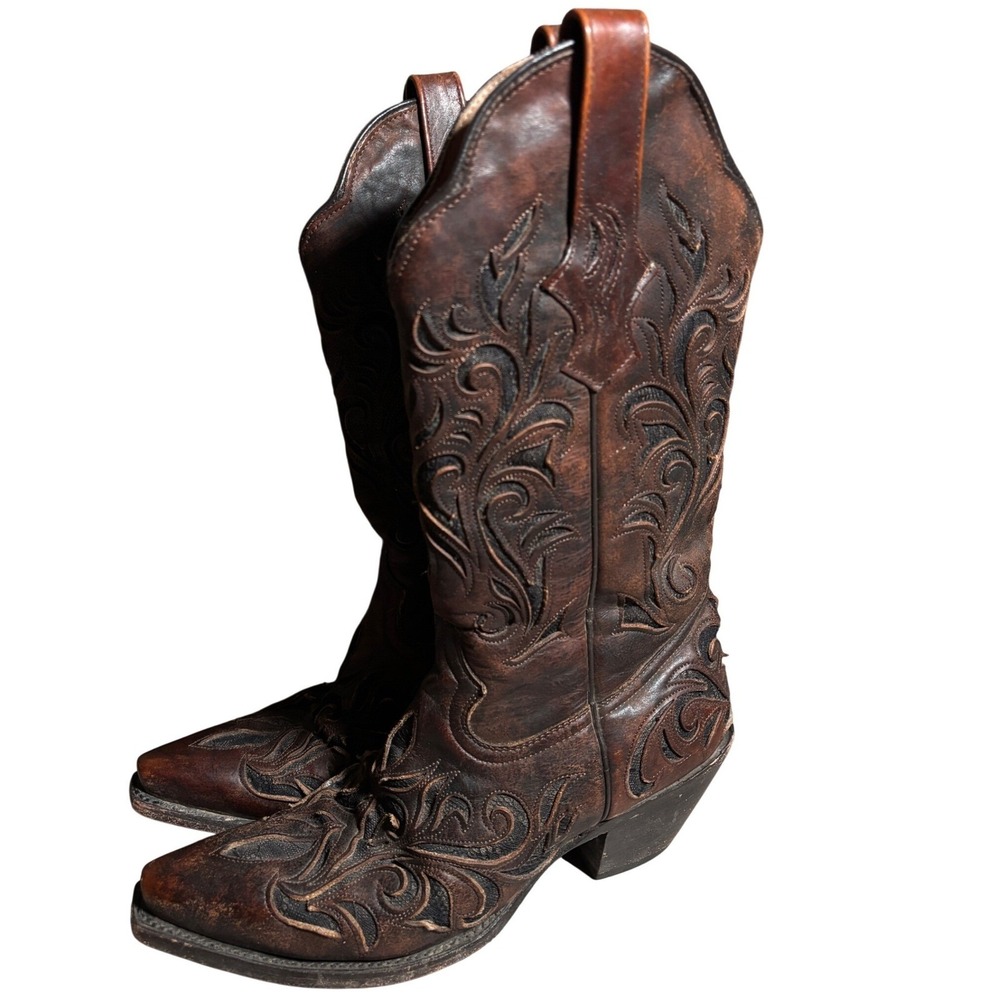 Stetson Cutout Leather Womens Western Cowboy Boots Pointed Toe Distressed Lace